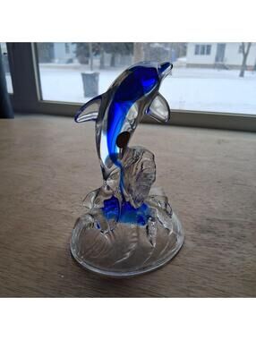Vintage Cristal d'Arques France 6.5 inch Royal Blue Dolphin Statue